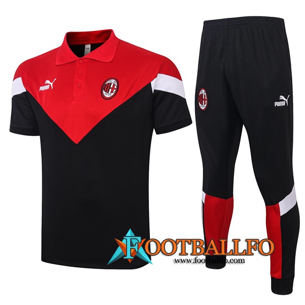 Polo Futbol Milan AC + Pantalones Negro Roja 2020/2021