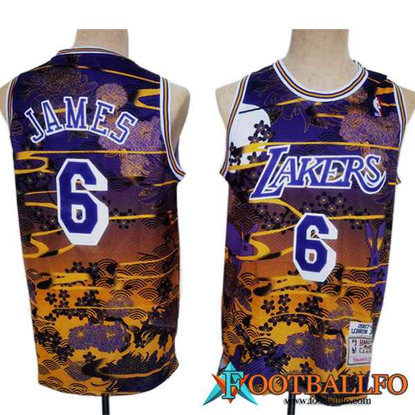 Camisetas Los Angeles Lakers (JAMES #6) 2023/24 Violeta/Amarillo -02
