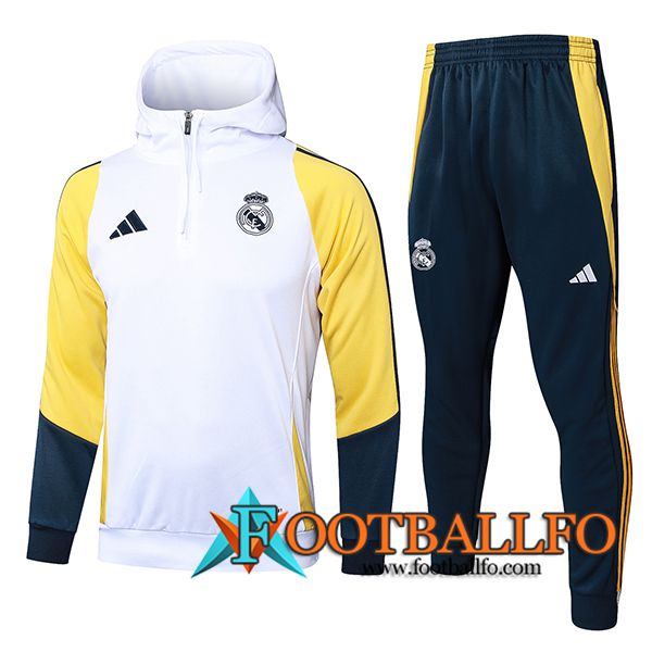 Chaqueta Con Capucha Chandal Rompevientos Chaqueta Real Madrid Blanco/Amarillo/Azul 2024/2025